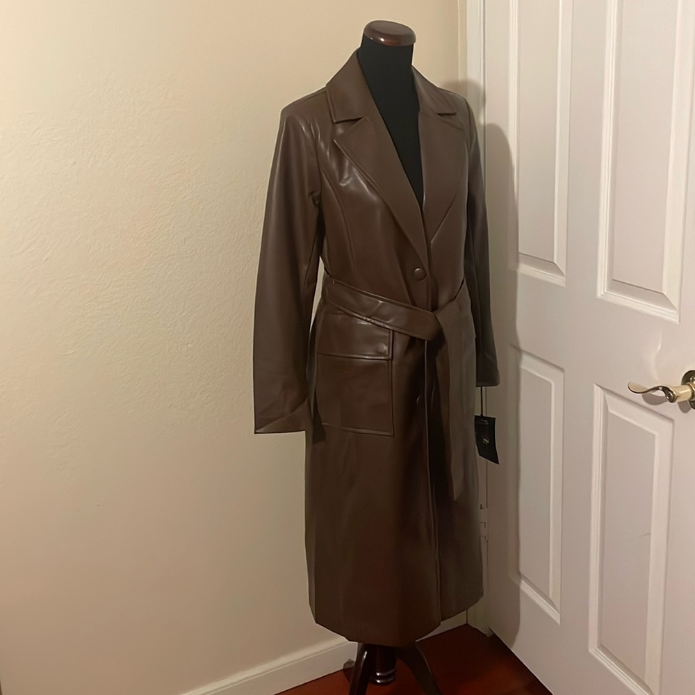 New Bagatelle New York Chocolate Brown Faux Leather Trench Coat - Picture 8 of 16